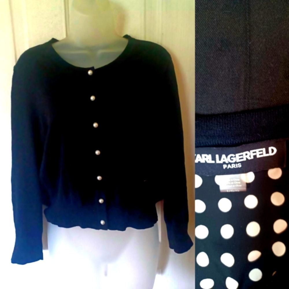 KARL LAGERFELD Cardigan Black Knit Sweater Pearl Buttons med-lge